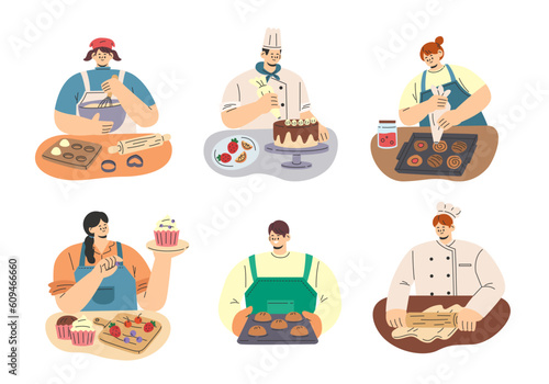 Collection of people cooking sweet dessert. Woman and man cooking bakery at home. Pastry chef making and decorating sweet cake. Flat cartoon style vector illustration isolated on white background.
