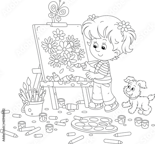 Little girl painter drawing a beautiful bouquet of summer flowers on her easel with a paintbrush, bright paints and pencils, black and white vector cartoon for a coloring book