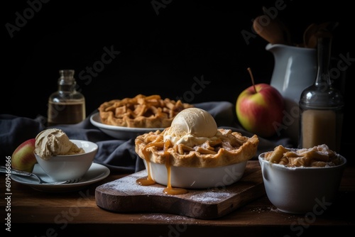 Mouth-watering personal sized Apple Pie with Ice Cream served in white bowl with oozing caramel with blurred items and dark background. AI Generated