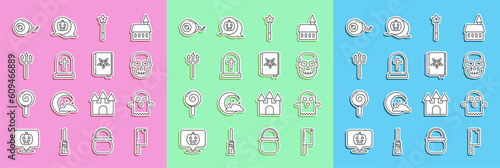 Set line Meat chopper, Ghost, Skull, Magic wand, Tombstone with cross, Neptune Trident, Eye and Ancient magic book icon. Vector