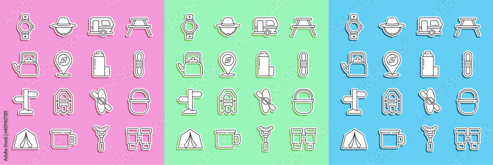Set line Binoculars, Camping pot, Climber rope, Rv trailer, Compass, Kettle with handle, Smartwatch and Thermos container icon. Vector Set line Binoculars, Camping pot, Climber rope, Rv trailer, Compass, Kettle with handle, Smartwatch and Thermos container icon. Vector