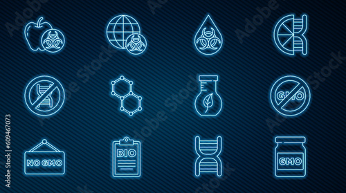 Set line GMO, No, Chemical formula, Stop, Genetically modified apple, Test tube and flask and icon. Vector