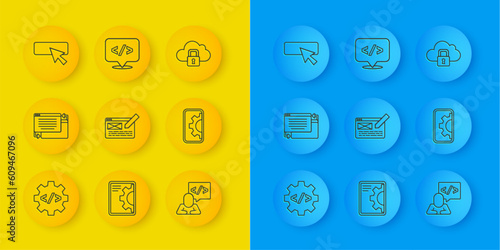 Set line Front end development, UI or UX design, Web, Cloud computing lock and icon. Vector