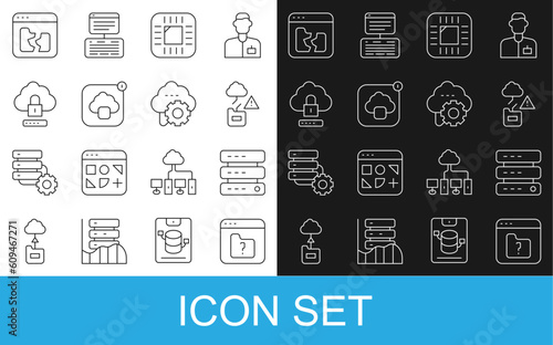 Set line File missing, Server, Data, Web Hosting, Cloud technology data transfer, Processor with CPU, computing lock, Broken file and icon. Vector