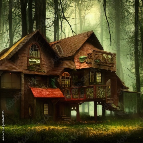 house in the woods, fantasy, generative ai