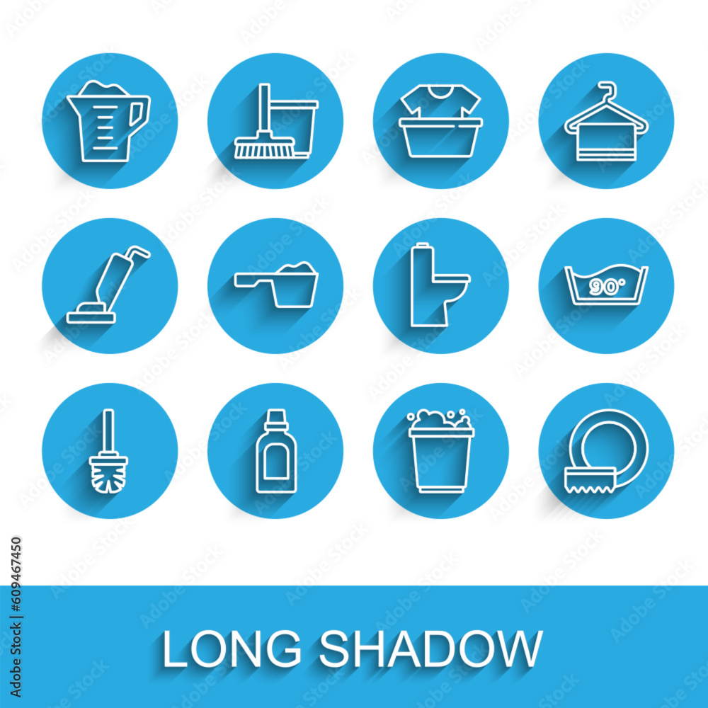 Set line Toilet brush, Bottle for cleaning agent, Washing powder, Bucket with foam, dishes, Temperature wash and bowl icon. Vector Set line Toilet brush, Bottle for cleaning agent, Washing powder, Bucket with foam, dishes, Temperature wash and bowl icon. Vector