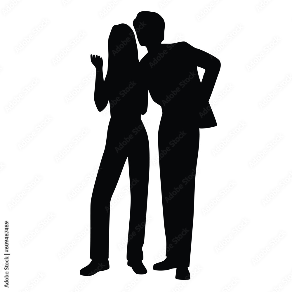 Vector silhouettes of man and a woman, a couple of standing business people, profile, black color isolated on white background Vector silhouettes of man and a woman, a couple of standing business people, profile, black color isolated on white background