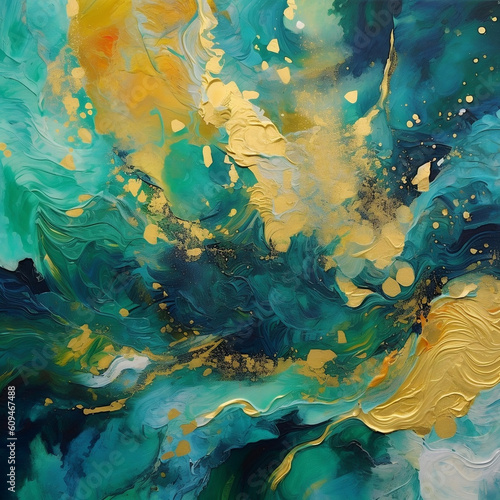 abastract paiting in green and gold magical generative ai