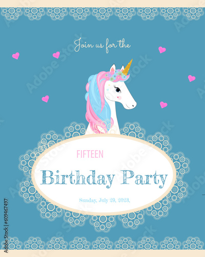 Birthday invitation  with unicorn, flowers, hearts
