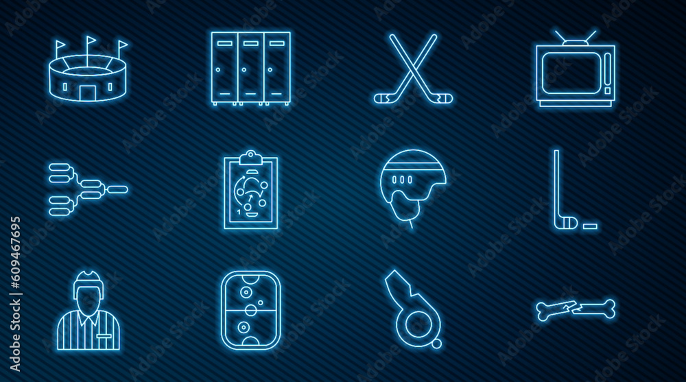 Set line Human broken bone, Ice hockey stick and puck, sticks, Planning strategy, Championship tournament bracket, Hockey stadium, helmet and Locker or changing room icon. Vector Set line Human broken bone, Ice hockey stick and puck, sticks, Planning strategy, Championship tournament bracket, Hockey stadium, helmet and Locker or changing room icon. Vector