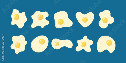 Collection of fried egg in different shape flat design. Yellow yoke, doodle drawing icon vector illustration