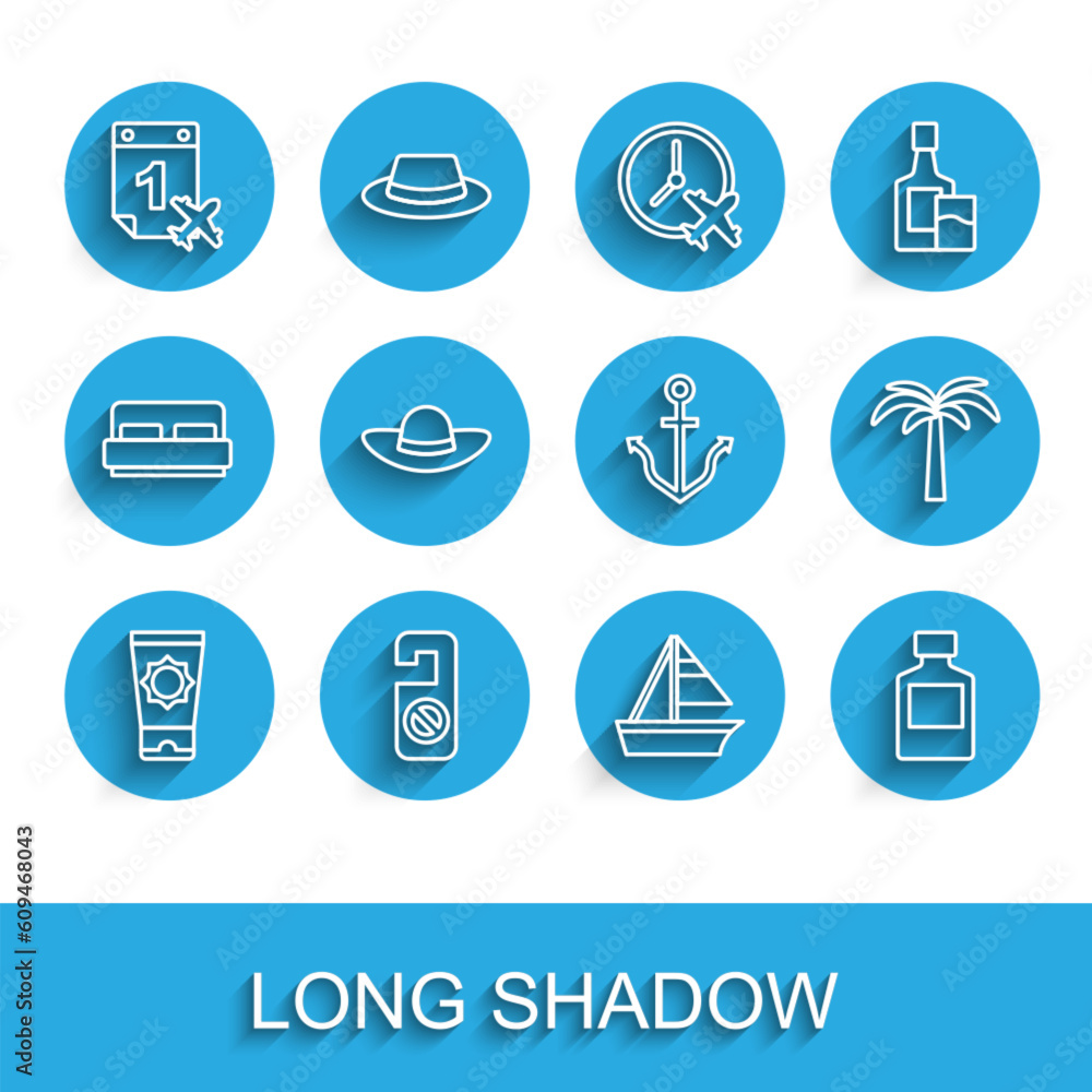Set line Sunscreen cream in tube, Please do not disturb, Calendar and airplane, Yacht sailboat, Whiskey bottle, Elegant women hat, Tropical palm tree and Anchor icon. Vector Set line Sunscreen cream in tube, Please do not disturb, Calendar and airplane, Yacht sailboat, Whiskey bottle, Elegant women hat, Tropical palm tree and Anchor icon. Vector