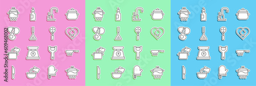 Set line Cooking pot, Frying pan, Chef hat, Water tap, Barbecue spatula, Broken egg, and Spatula icon. Vector