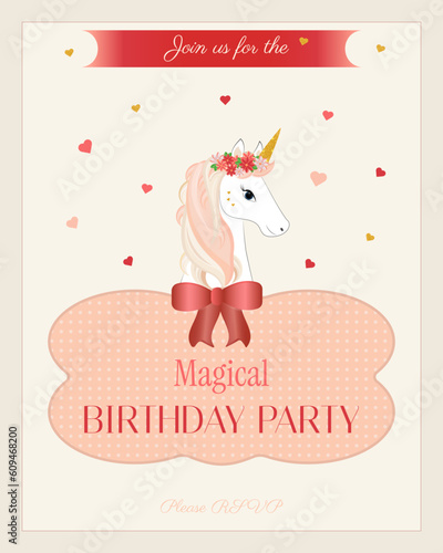 Birthday invitation  with unicorn, flowers, hearts