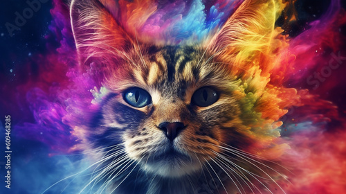 Front face of a cat completely made up of colorful smoke, universe background. IA generative. © Moon Project