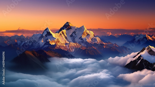 The beauty of Mount Everest clear sky and clouds sunrise soaring mountains beautiful sea of clouds. Autumn landscape and snowy mountain peaks. Fantastic sunset. Generative AI