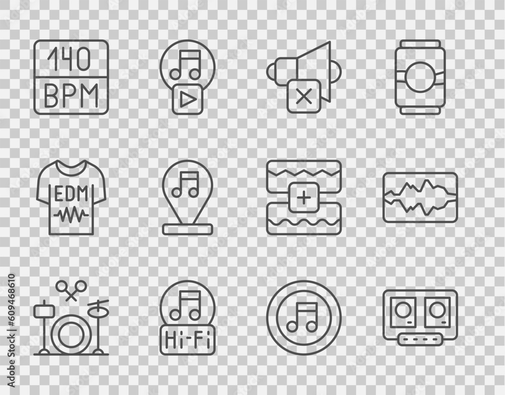 Set line Drums, DJ remote and mixing music, Speaker mute, Music note, tone, Bitrate, and wave equalizer icon. Vector Set line Drums, DJ remote and mixing music, Speaker mute, Music note, tone, Bitrate, and wave equalizer icon. Vector