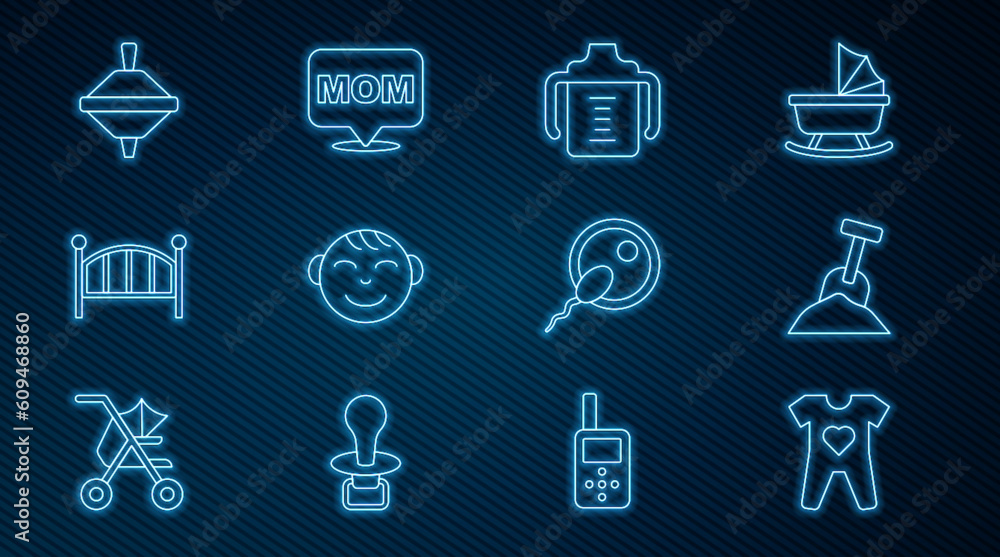 Set line Baby clothes, Sandbox with sand and shovel, bottle, Little boy head, crib cradle bed, Whirligig toy, Sperm and Speech bubble mom icon. Vector Set line Baby clothes, Sandbox with sand and shovel, bottle, Little boy head, crib cradle bed, Whirligig toy, Sperm and Speech bubble mom icon. Vector