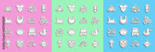 Set line Whirligig toy, Rubber duck, ABC blocks, Baby crib hanging toys, bib, potty, Toy car and hat icon. Vector