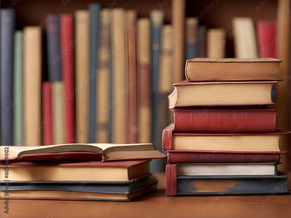 stacked books in library, generated by ai. stacked books in library, generated by ai.