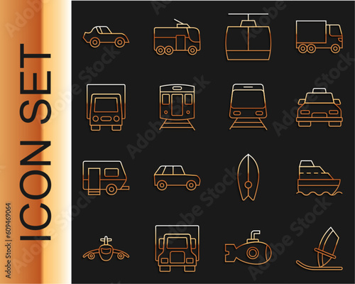 Set line Windsurfing, Cruise ship, Taxi car, Cable, Train and railway, Delivery cargo truck, Car and icon. Vector