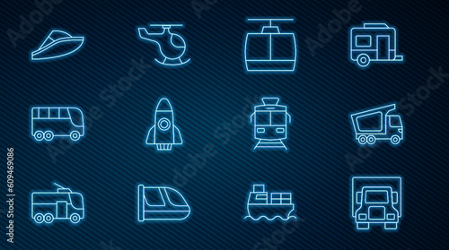 Set line Delivery cargo truck, Cable, Rocket ship, Bus, Speedboat, Tram and railway and Helicopter icon. Vector