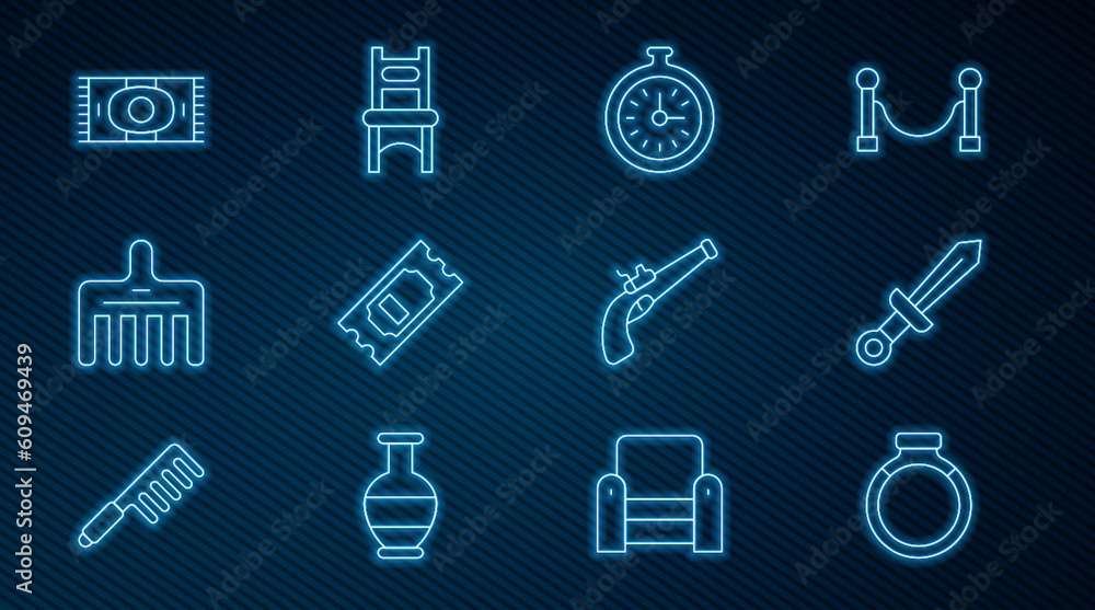 Set line Gold ring, Medieval sword, Pocket watch, Cinema ticket, Hairbrush, Classic carpet, Vintage pistol and Chair icon. Vector Set line Gold ring, Medieval sword, Pocket watch, Cinema ticket, Hairbrush, Classic carpet, Vintage pistol and Chair icon. Vector
