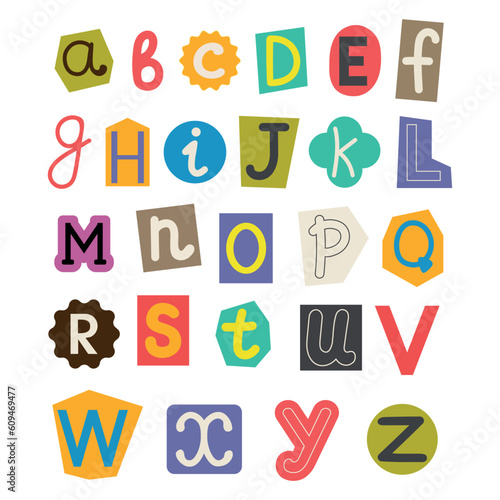 Blackmail or Ransom Anonymous Note Font. Latin Letters . Letters from a magazine. vintage