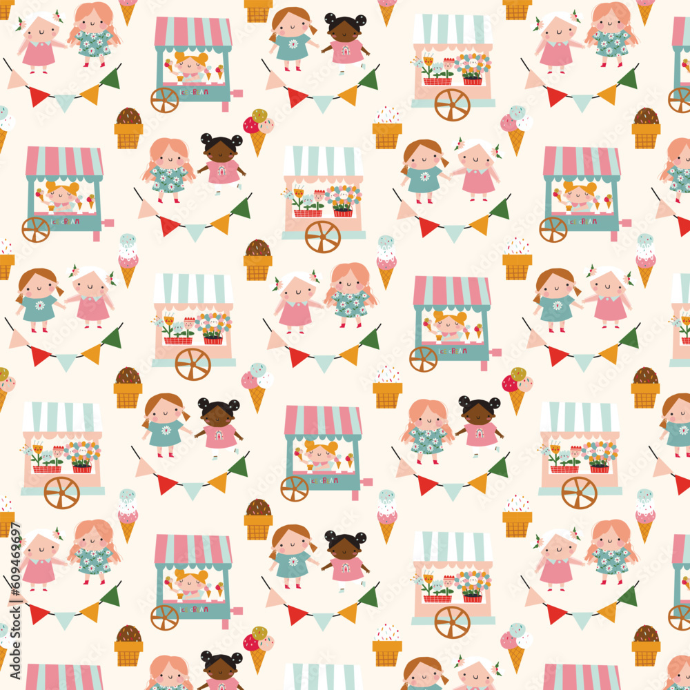 Vintage floral pattern with kids, showcase with flowers, colored flags and ice cream in mint, beige and pink colors. Great for yummy summer dessert wallpaper, backgrounds, packaging, fabric, scrapbook