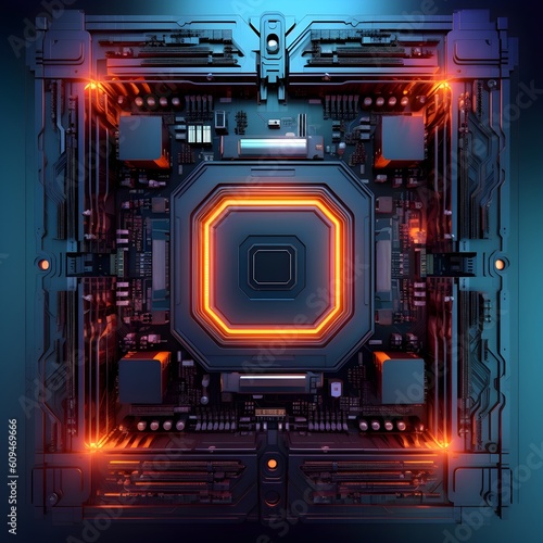 Motherboard in neon movie style, taken from close up 