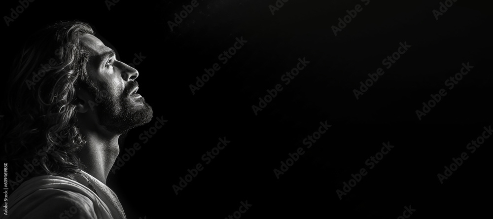 Black and white photorealistic studio portrait of Jesus Christ on black background. Generative AI illustration