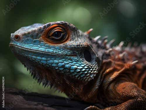 close up of a  colourful iguana in the forest