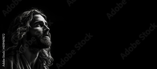 Black and white photorealistic studio portrait of Jesus Christ on black background. Generative AI illustration