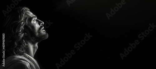 Black and white photorealistic studio portrait of Jesus Christ on black background. Generative AI illustration