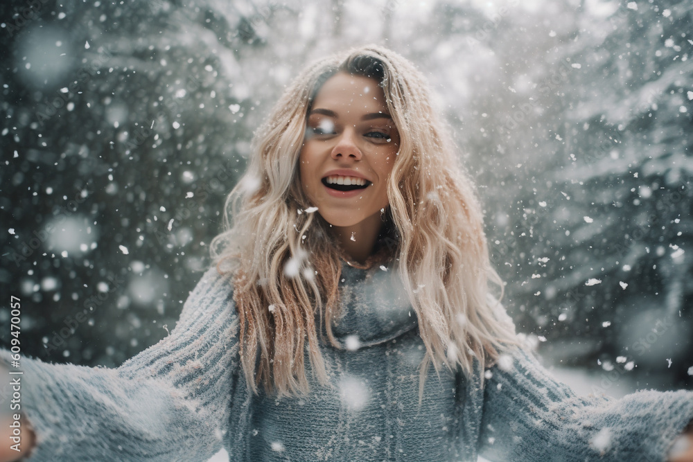 Young blonde woman enjoying winter snowflakes in a joyful outdoor moment. Generative AI Young blonde woman enjoying winter snowflakes in a joyful outdoor moment. Generative AI