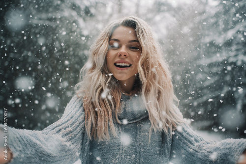 Young blonde woman enjoying winter snowflakes in a joyful outdoor moment. Generative AI