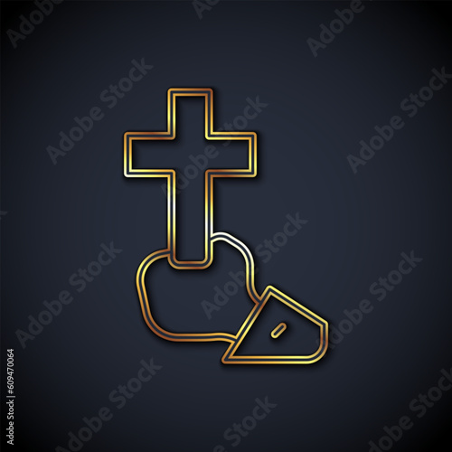 Gold line Christian cross icon isolated on black background. Church cross. Vector