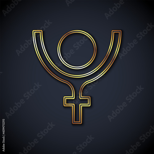 Gold line Ancient astrological symbol of Pluto icon isolated on black background. Astrology planet. Zodiac and astrology sign. Vector