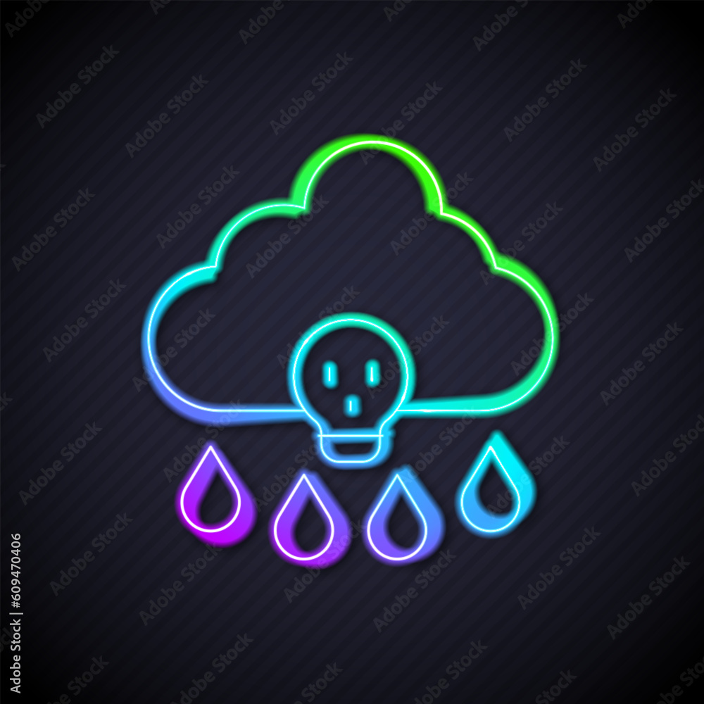 Glowing neon line Acid rain and radioactive cloud icon isolated on black background. Effects of toxic air pollution on the environment. Vector Glowing neon line Acid rain and radioactive cloud icon isolated on black background. Effects of toxic air pollution on the environment. Vector