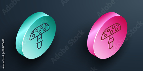 Isometric line Amanita muscaria or fly agaric hallucinogenic toadstool mushroom icon isolated on black background. Spotted poisonous mushroom. Turquoise and pink circle button. Vector