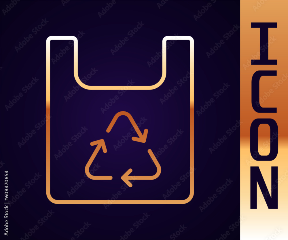 Gold line Paper shopping bag with recycle icon isolated on black background. Bag with recycling symbol. Vector Gold line Paper shopping bag with recycle icon isolated on black background. Bag with recycling symbol. Vector
