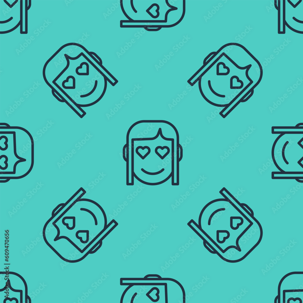 Black line Romantic girl icon isolated seamless pattern on green background. Happy Valentines day. Vector Black line Romantic girl icon isolated seamless pattern on green background. Happy Valentines day. Vector