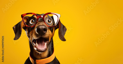 Surprised dachshund dog in glasses on solid yellow background, looking to side at copy space. AI generative © paffy