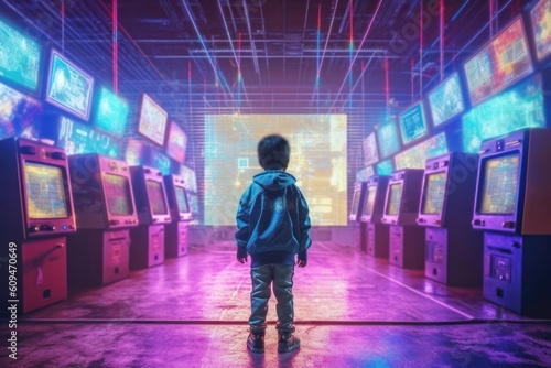 A child is standing in front of artificial intelligence in 80s style. Generative AI