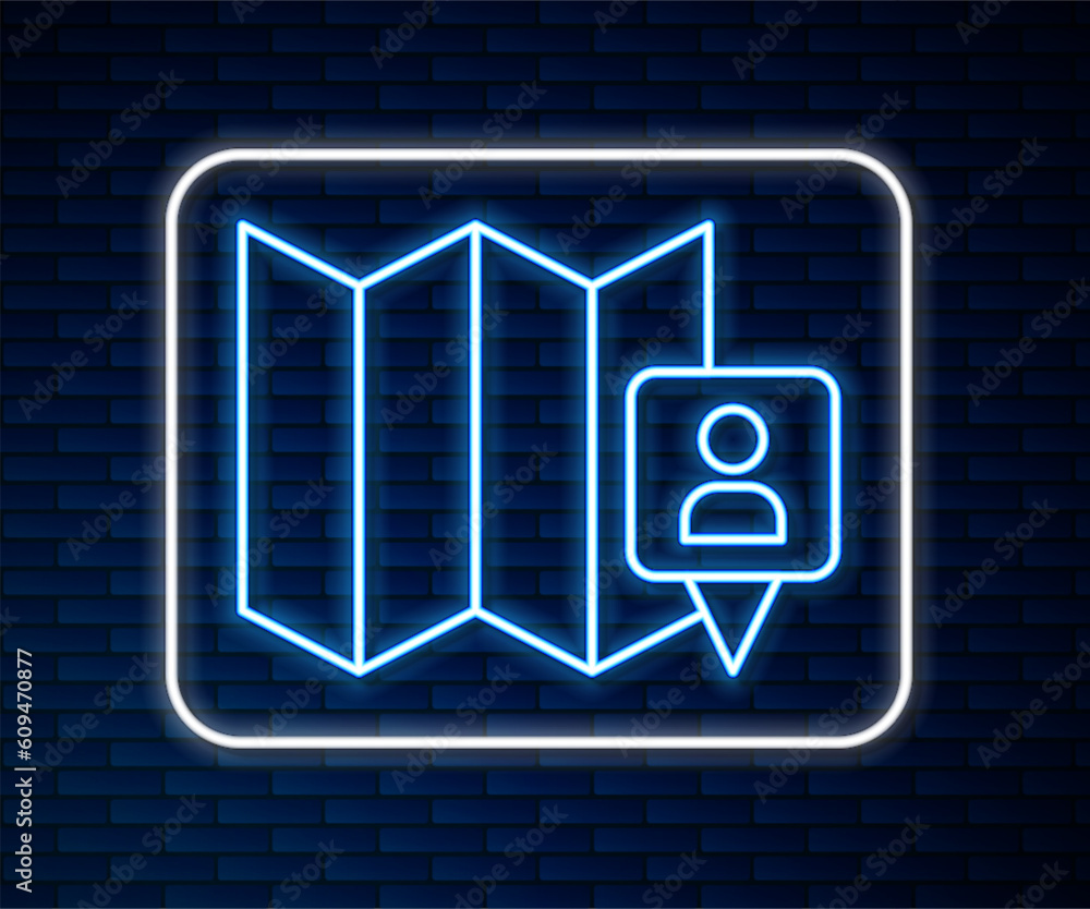 Glowing neon line Folded map with location marker icon isolated on brick wall background. Vector Glowing neon line Folded map with location marker icon isolated on brick wall background. Vector