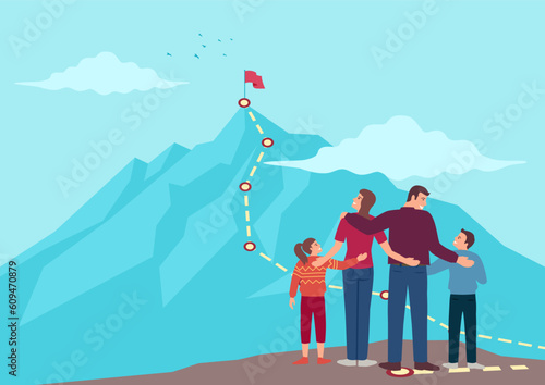 Family looking up at the top of a mountain with a route map