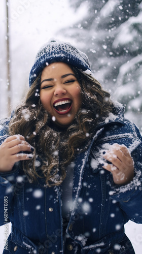 Young overweight mexican woman enjoying winter snowflakes in a joyful outdoor moment. Generative AI