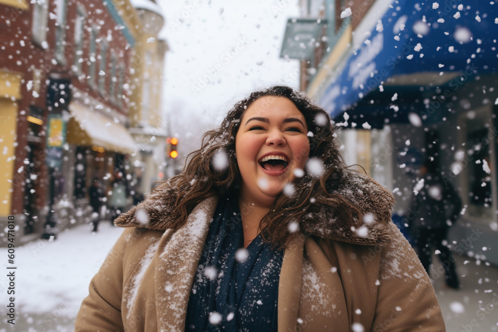 Young overweight mexican woman enjoying winter snowflakes in a joyful outdoor moment. Generative AI Young overweight mexican woman enjoying winter snowflakes in a joyful outdoor moment. Generative AI