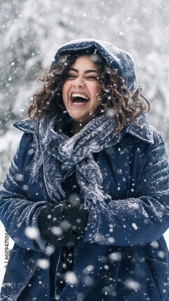Young overweight mexican woman enjoying winter snowflakes in a joyful outdoor moment. Generative AI Young overweight mexican woman enjoying winter snowflakes in a joyful outdoor moment. Generative AI