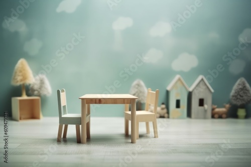 Empty table with blurred children room. Generative AI
